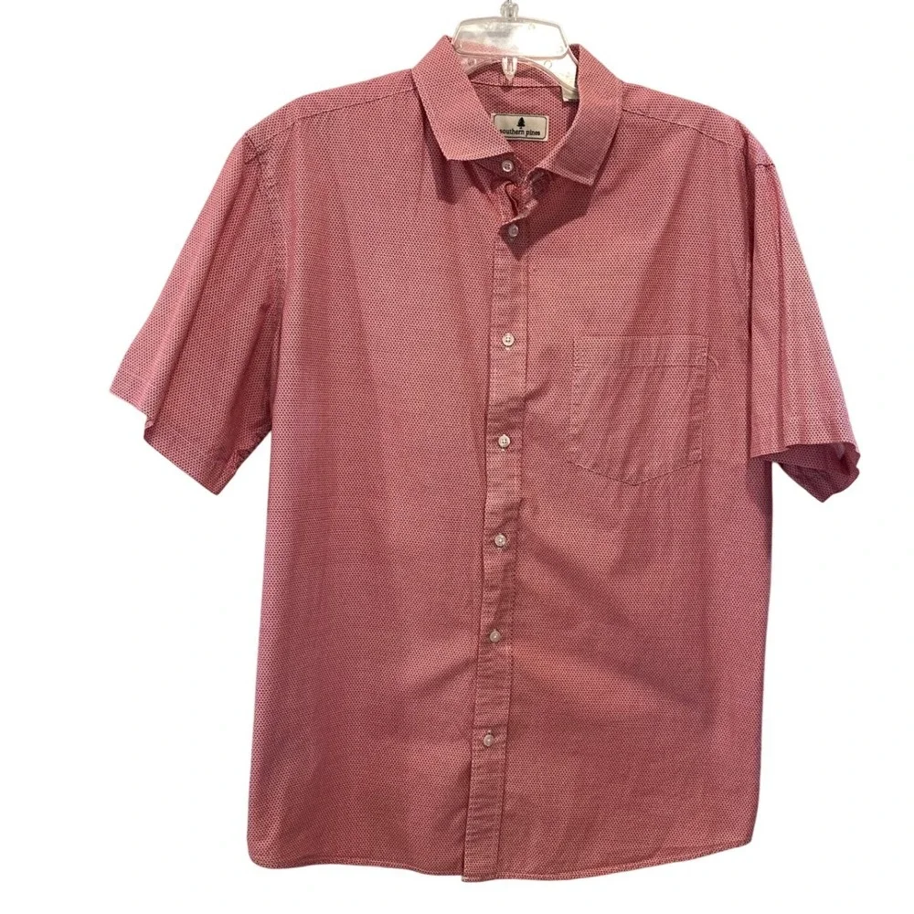 Southern Pines Mens XL Red White Geometric Micro Print Cotton Short Sleeve Shirt